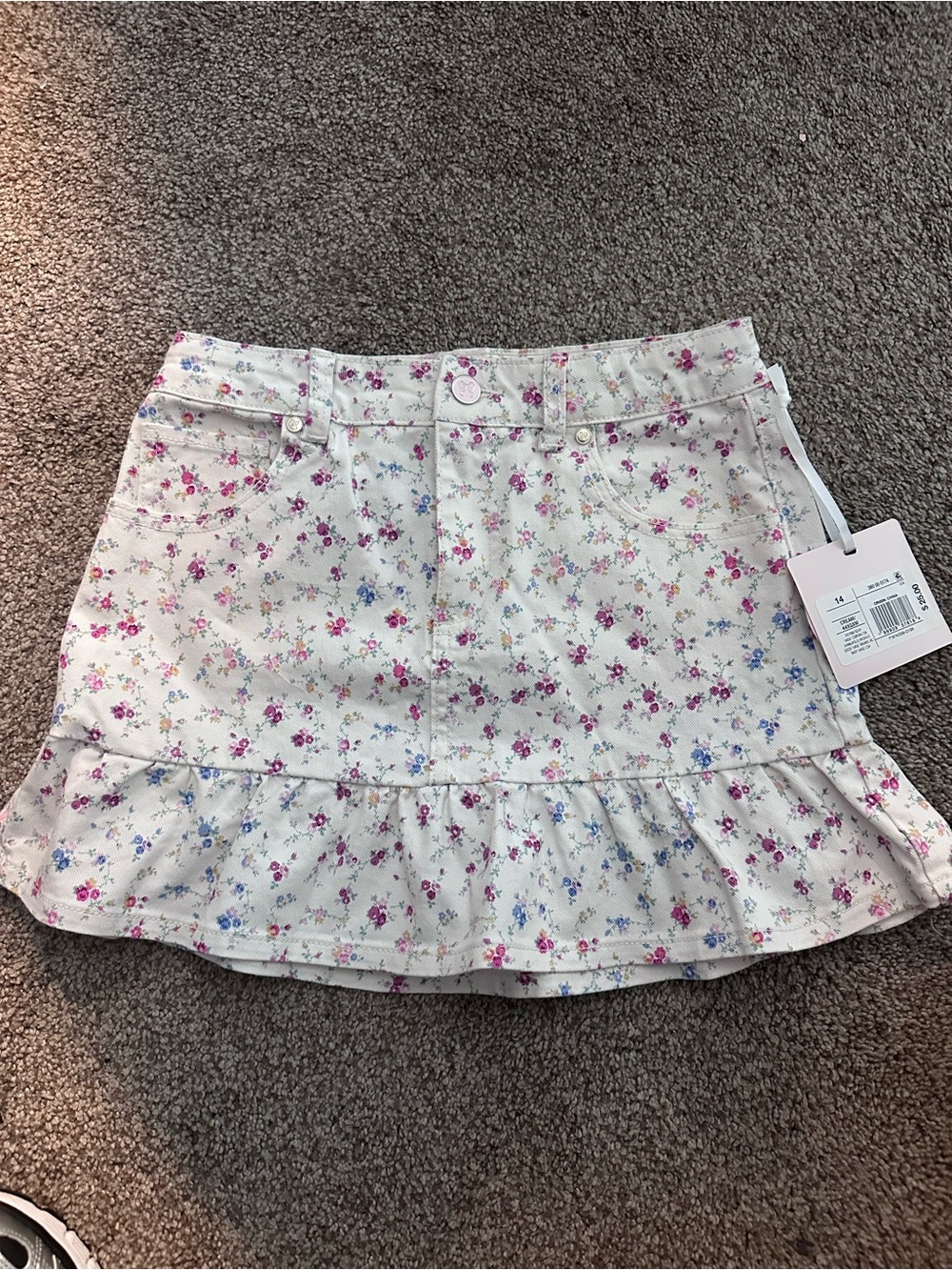 LoveShackFancy White Floral Ruffle-Hem Skirt with Pink & Blue Blooms